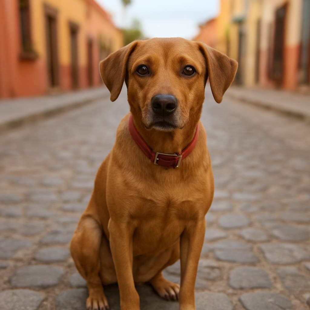Canela, una perrita mestiza color canela con collar rojo