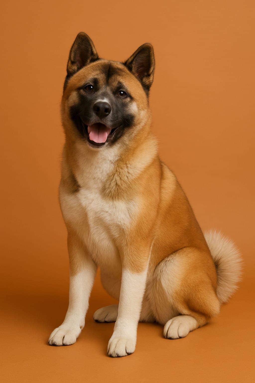 Un akita americano café con el pecho blanco, sentado y sonriendo