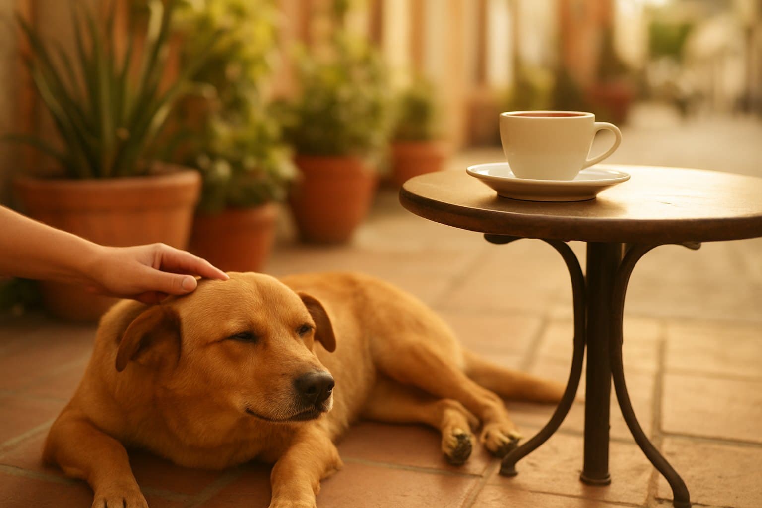 Un perro descansa junto a la mesa de un café con terraza