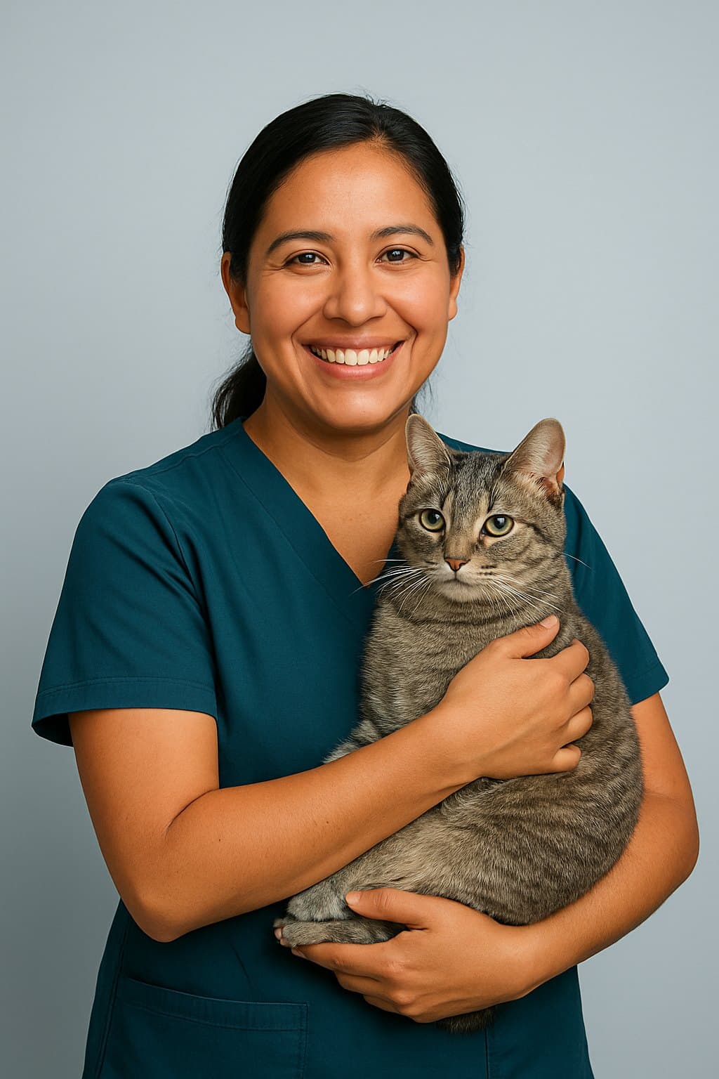 Una veterinaria sonríe con un gato gris en brazos