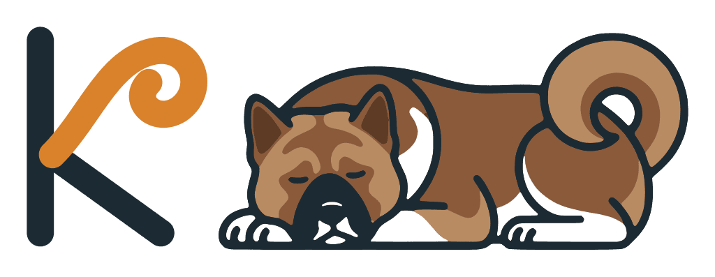 La K de Kiba Vet junto a Kiba, el akita, dormido